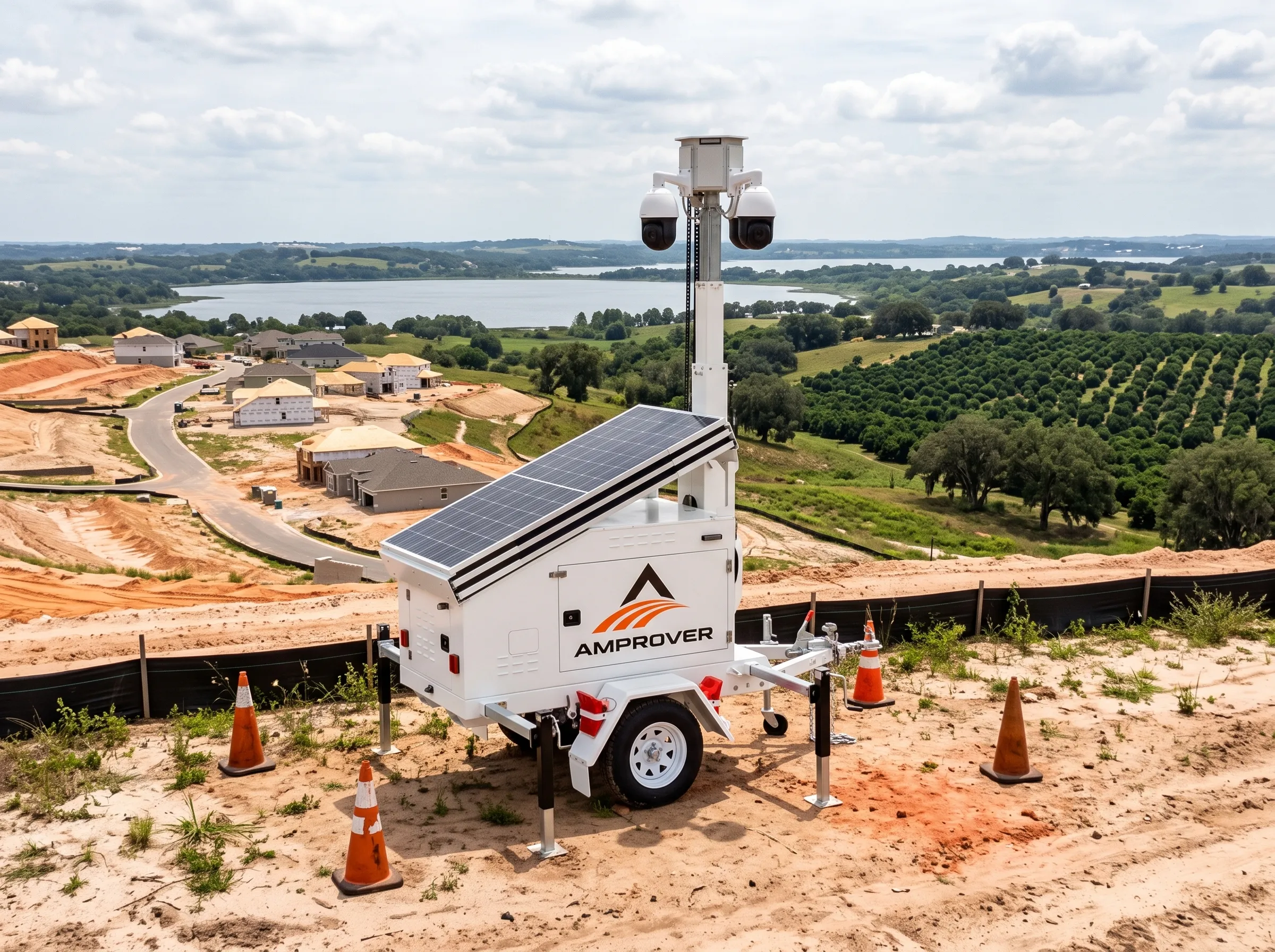 Amprover solar surveillance trailer on a hillside residential development in Clermont overlooking a lake and citrus groves