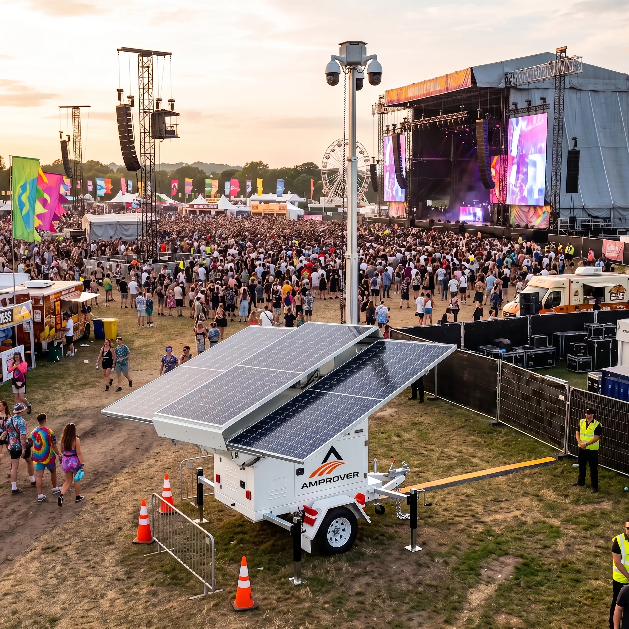 Amprover solar surveillance trailer providing crowd monitoring at an outdoor music festival