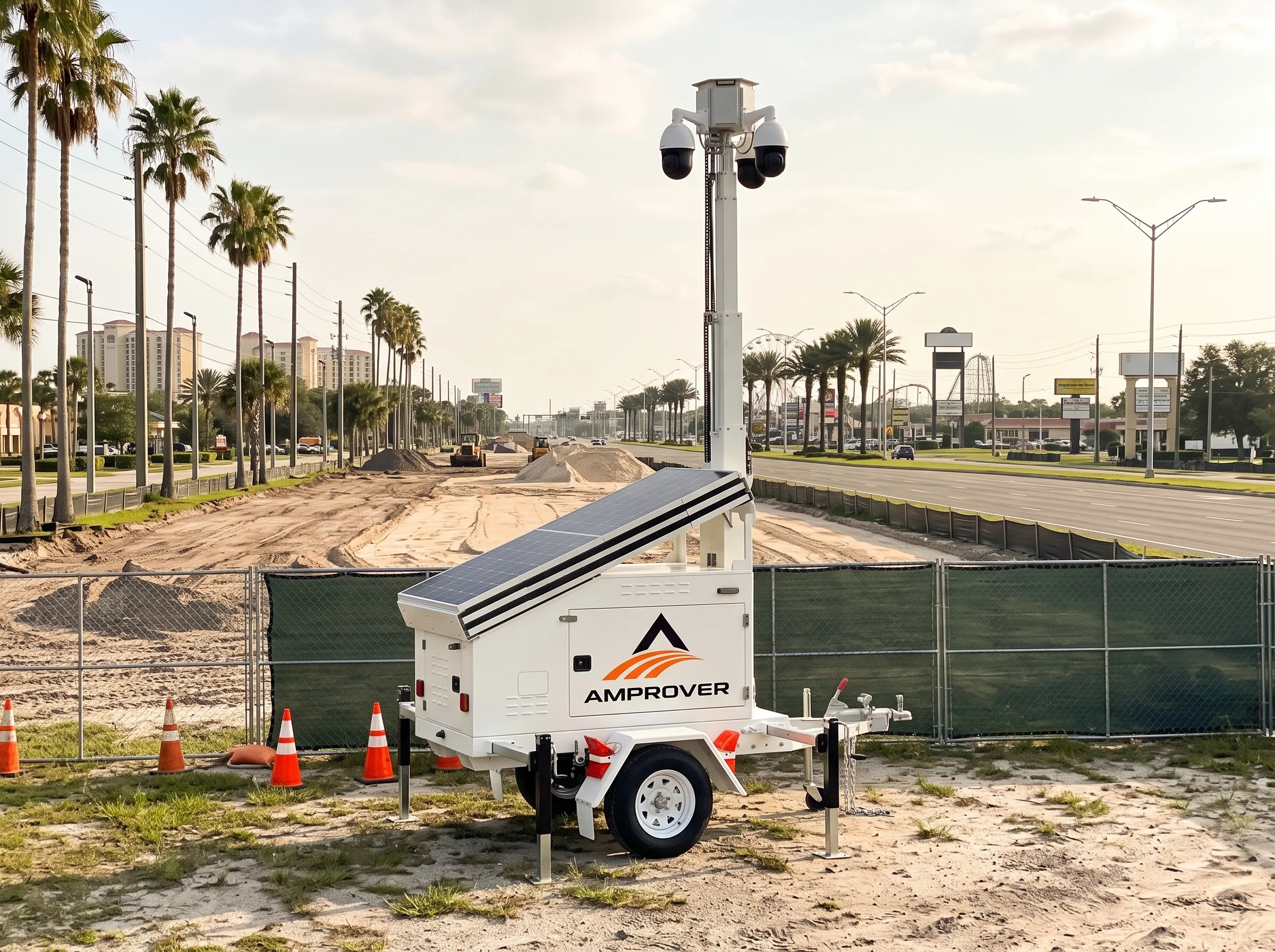 Amprover solar surveillance trailer along a palm-lined Kissimmee highway corridor near area attractions