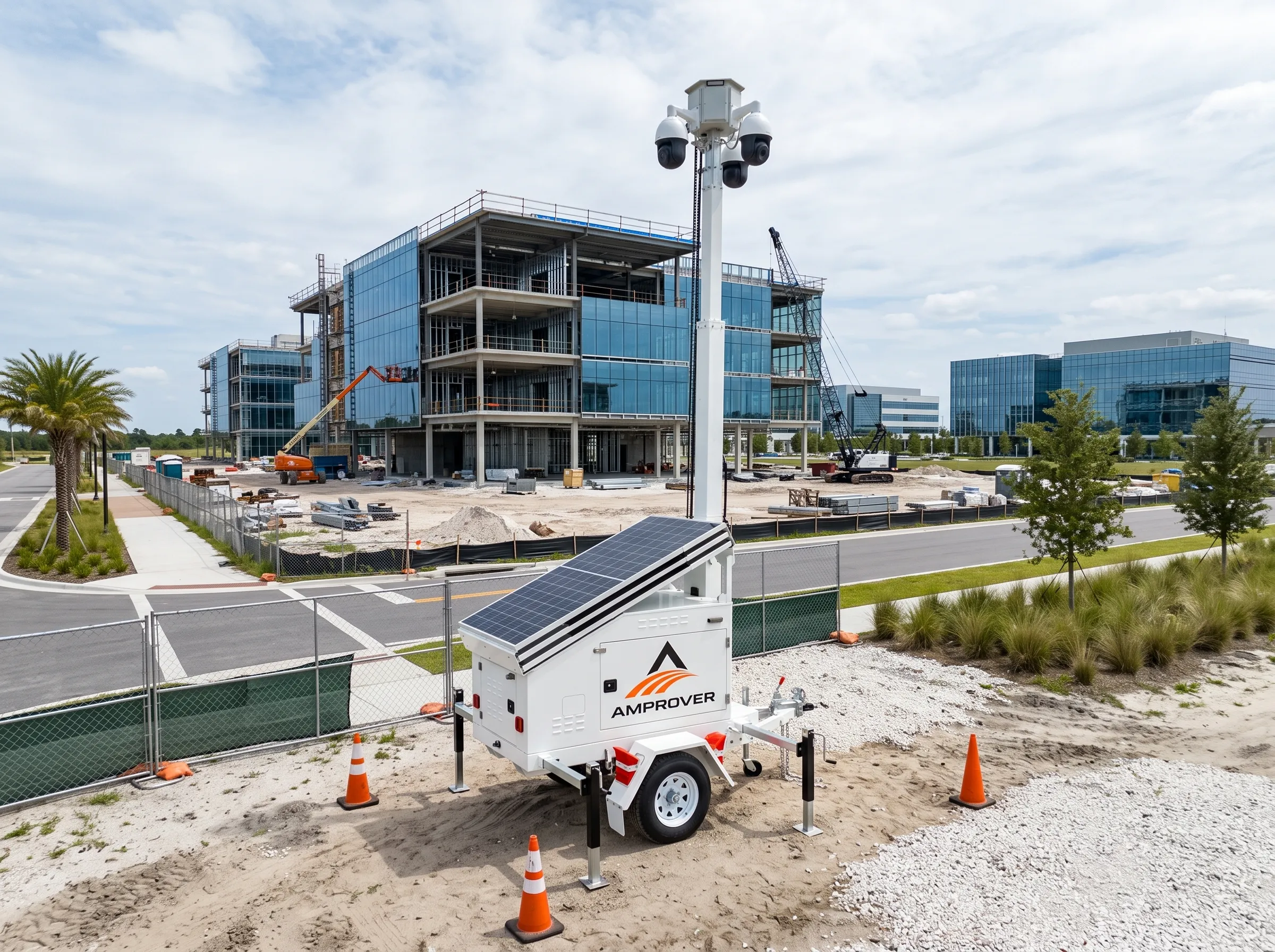 Amprover solar surveillance trailer at a Lake Nona office campus construction site with modern glass buildings
