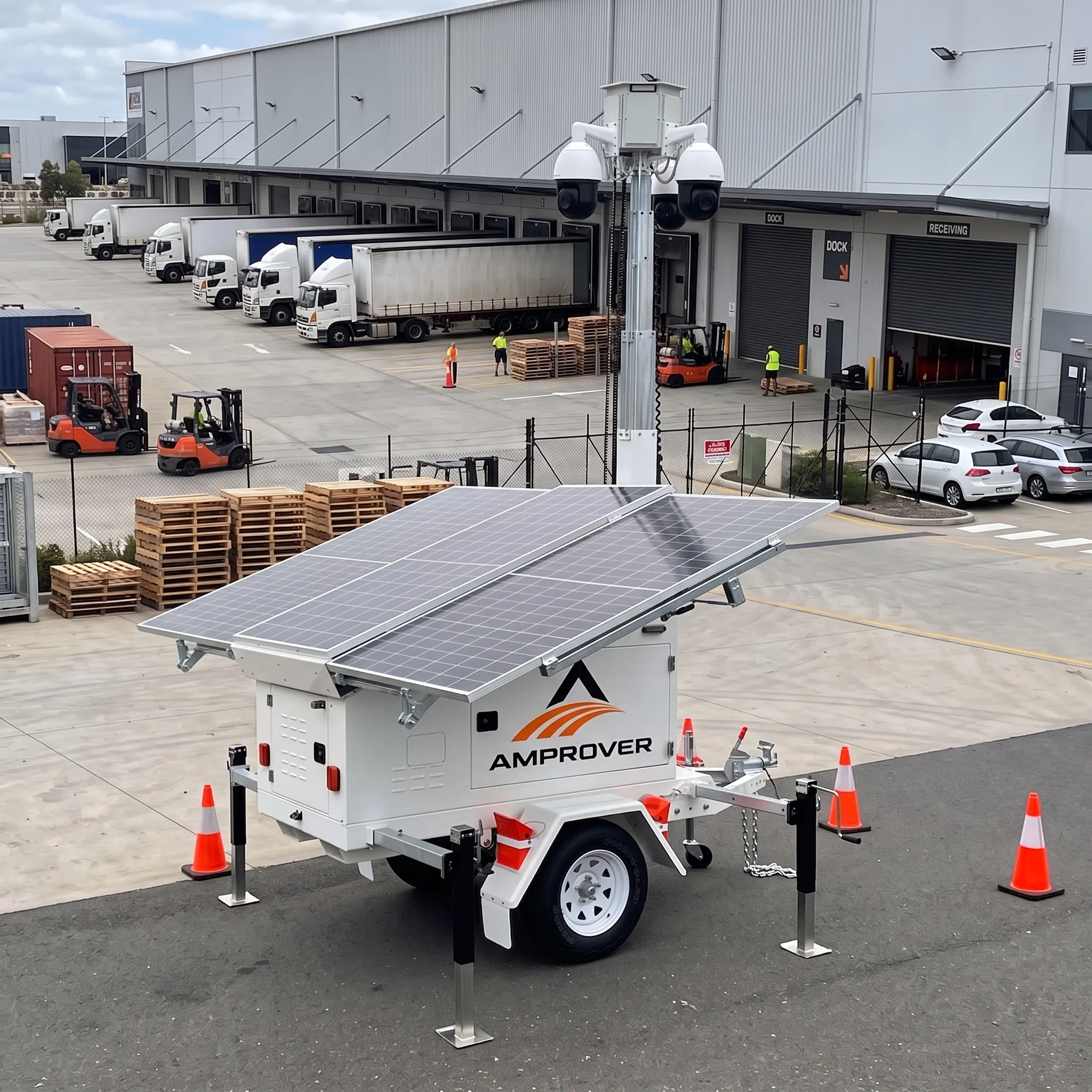 Amprover solar surveillance trailer monitoring a logistics and distribution warehouse loading dock