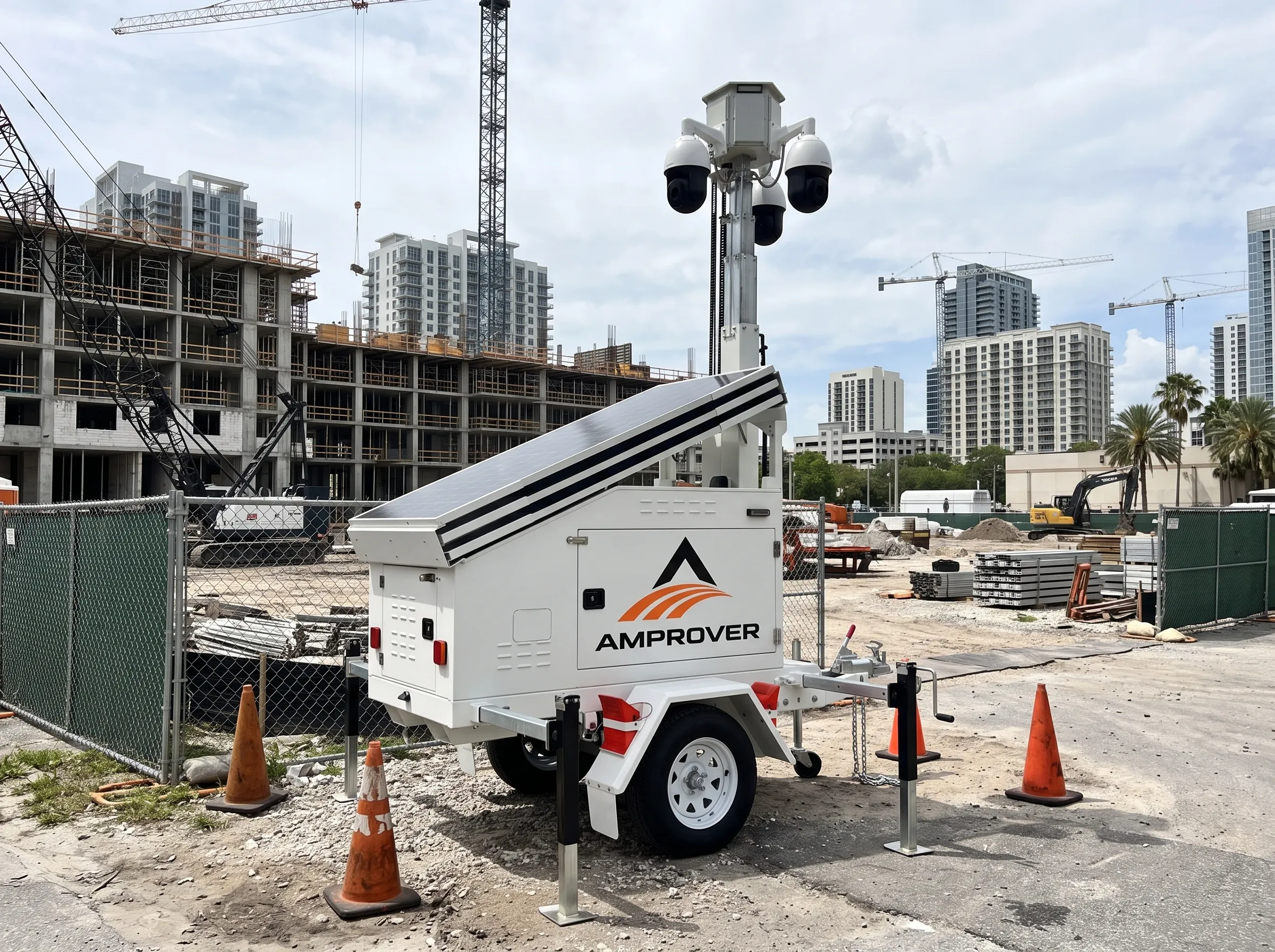 Amprover solar surveillance trailer at a downtown Orlando construction site with high-rise buildings and cranes in the skyline