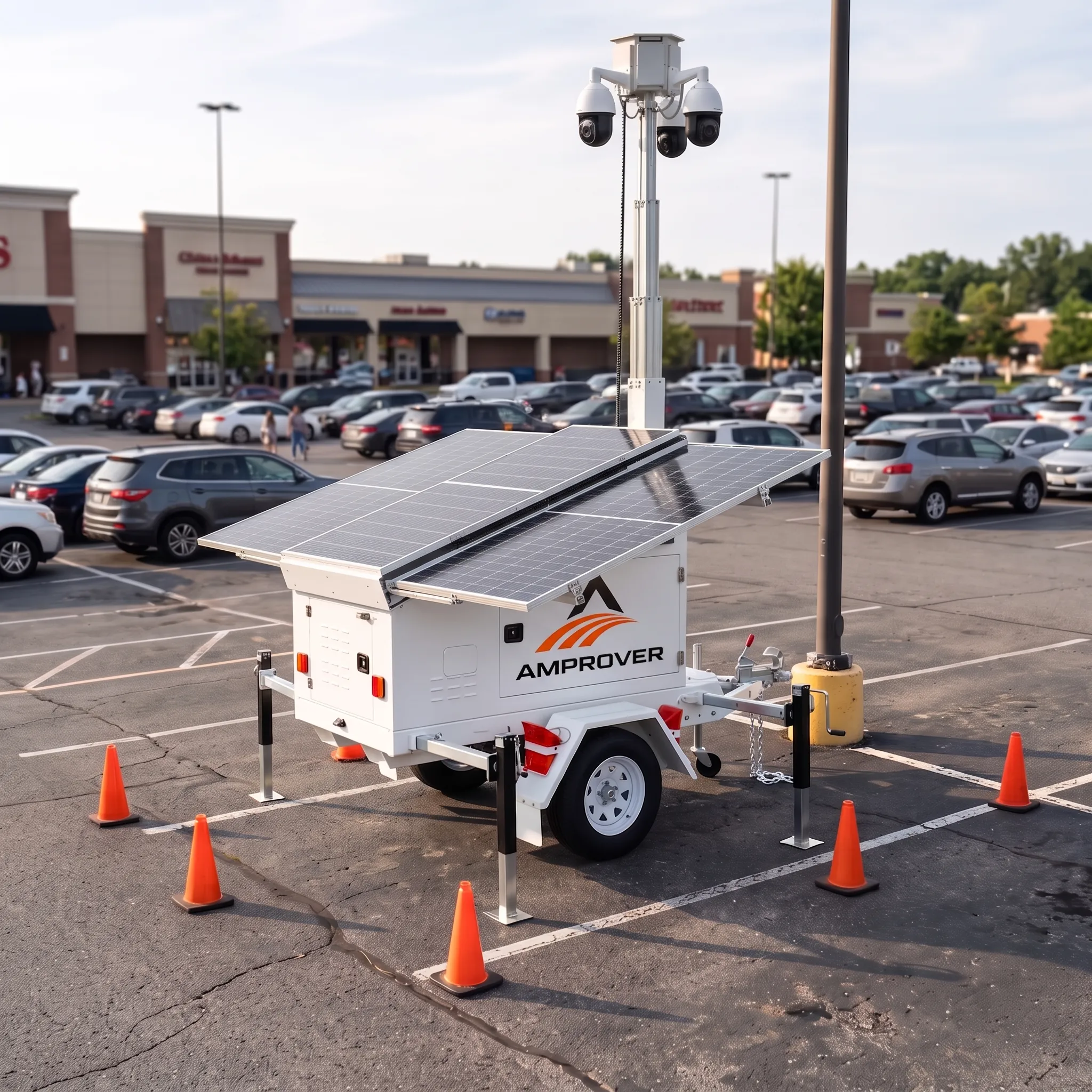 Amprover solar surveillance trailer positioned in a retail shopping center parking lot for after-hours coverage
