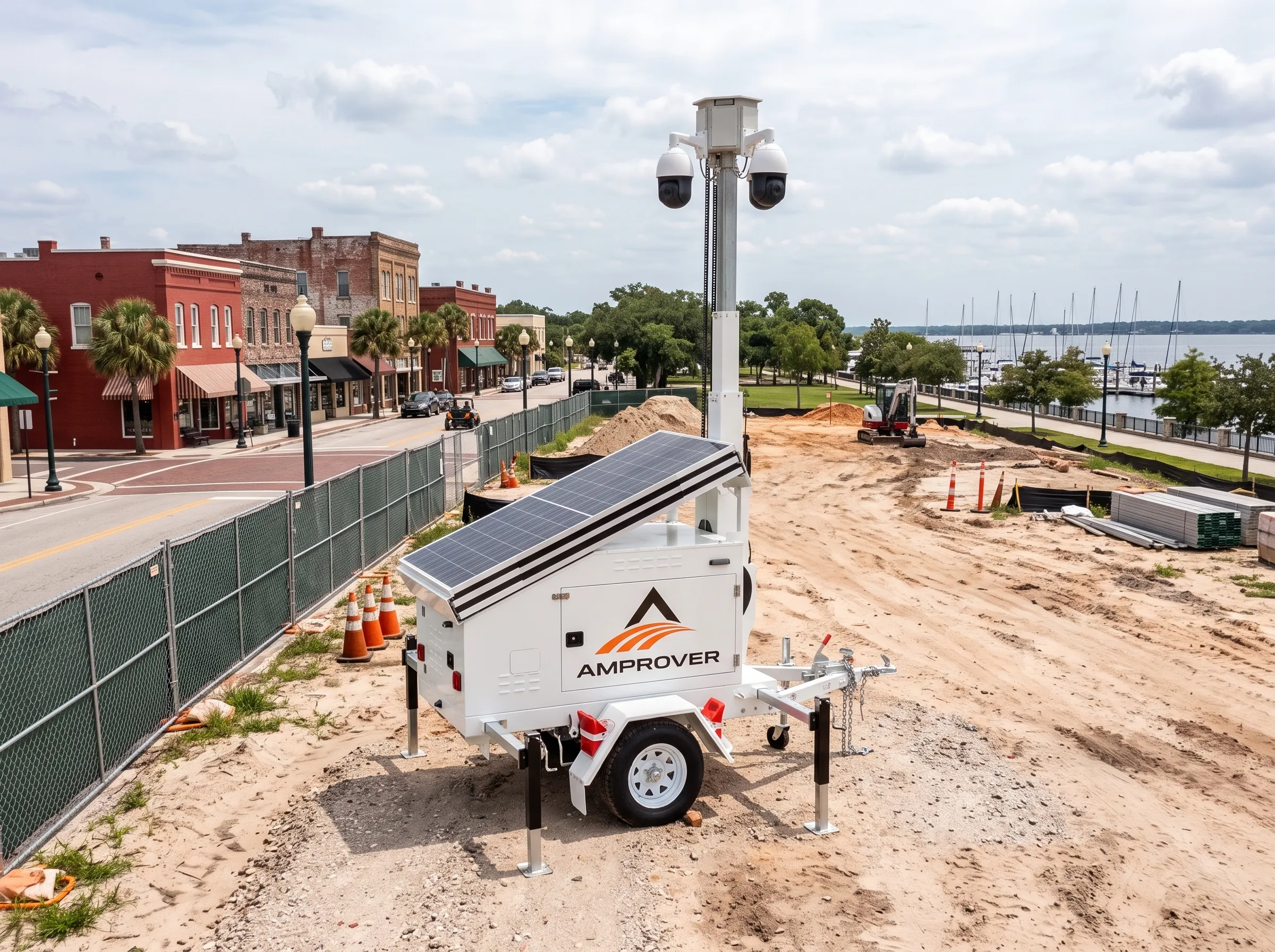 Amprover solar surveillance trailer near historic downtown Sanford with the Lake Monroe waterfront in the background