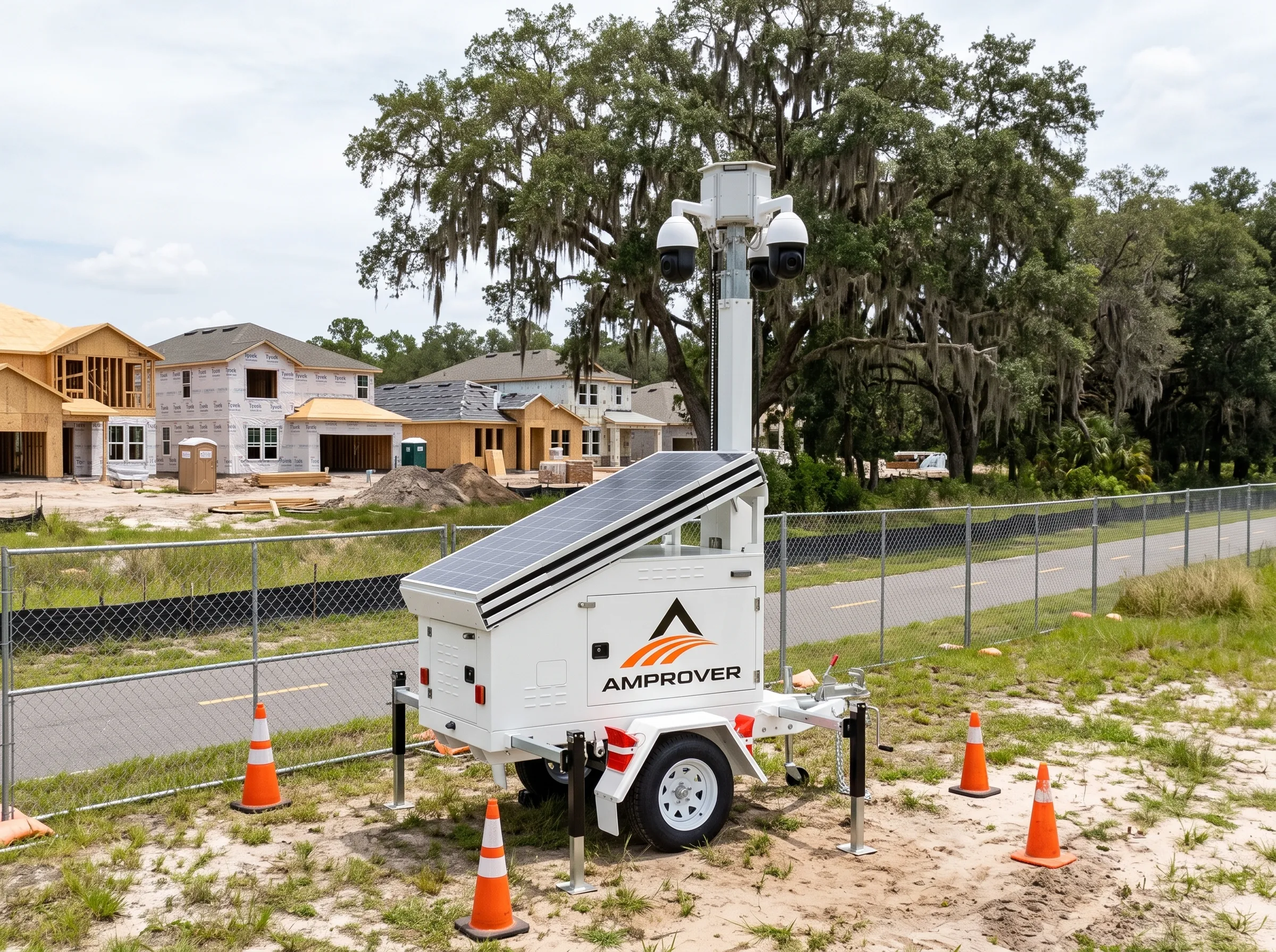Amprover solar surveillance trailer at a Winter Garden residential construction site along a paved trail lined with oak trees